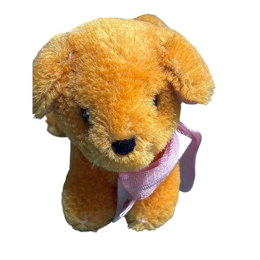 Vintage Wool Orange Stuffed Dog Ornament With Pink Ribbon Japan